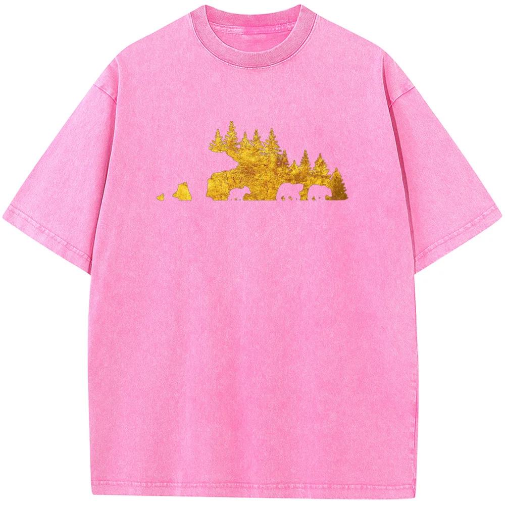 Мужская футболка с короткими рукавами Golden Forest Bear, летняя повседневная стираная футболка, винтажная футболка с круглым вырезом и короткими рукавами, выбеленная футболка