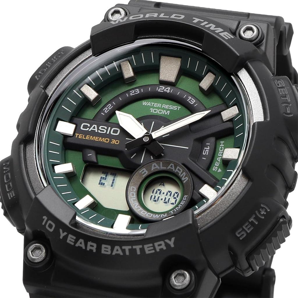Casio World Time Ana-Digi Quartz Watch AEQ-110W-3A2V Men's Green Sunburst Dial Black