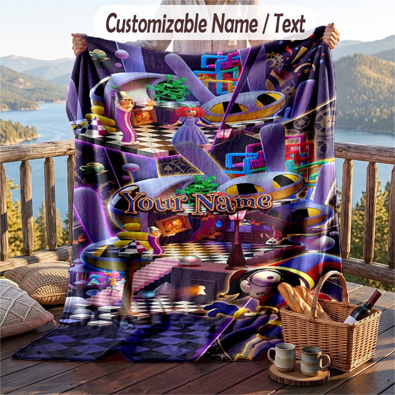The Amazing Digital Circus Flannel Blanket, Personalized Custom Name Text, Soft Warm Plush Throw Blanket For Gift