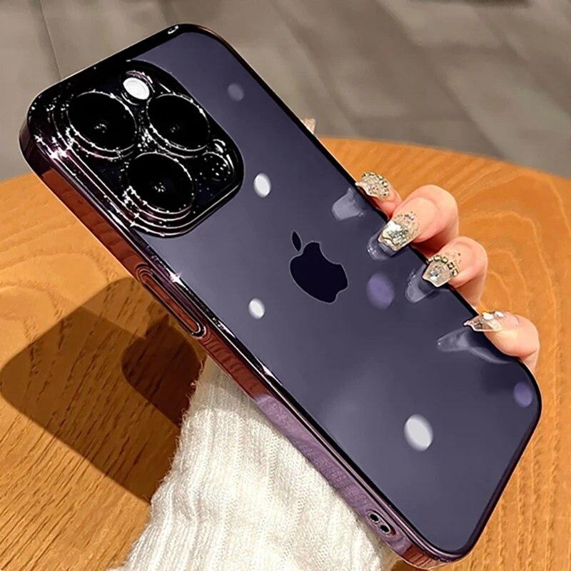 Original Square Plating Border Clear Phone Case For IPhone 11 12 13 14 15 Pro Max Plus Mini XS XR X Lens Film Protective Cover