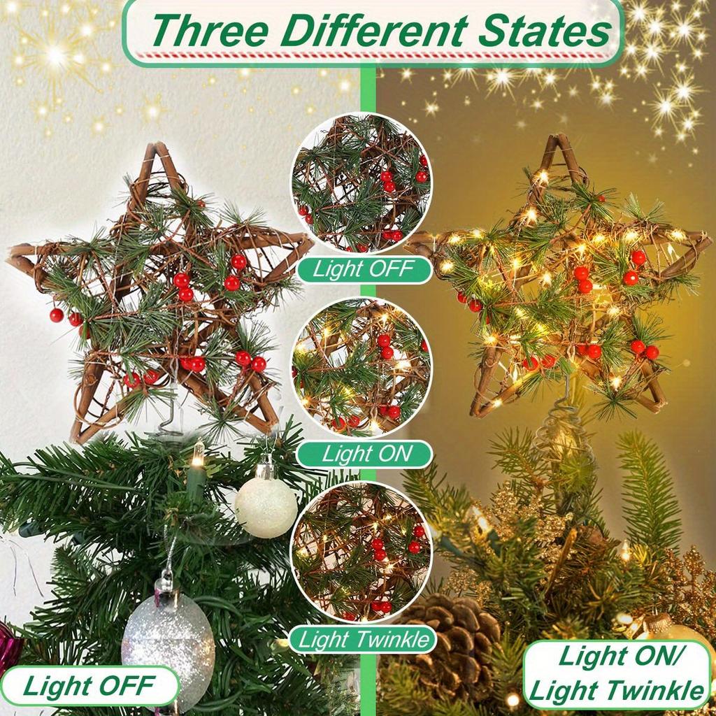 Rustic Natural Rattan Star Christmas Tree Topper, Warm White Lights, 3 AA Batteries Not Included, Farmhouse Holiday Decor for Indoor,Office,