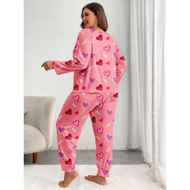 Heart Print Elastic Plus Size Women Long Sleeve Pants Pajama Loungewear Set