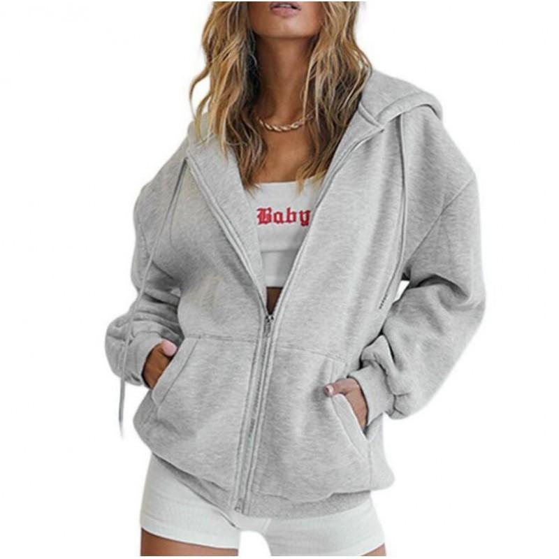 Womens Zip-Up Hooded Sweatshirt Jacket Solid Color Thick Casual Sportswear
