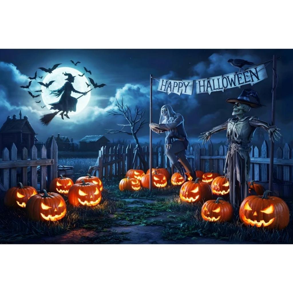 1pc Daek Blue Halloween Party Backdrop Night Moon Witch Pumpkin Dustproof Banner for Halloween Theme Party Background Decoration