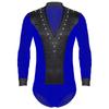 Mens Dance Leotard Glittery Rhinestones V Neck Design Long Sleeve Satin Patchwork Bodysuit