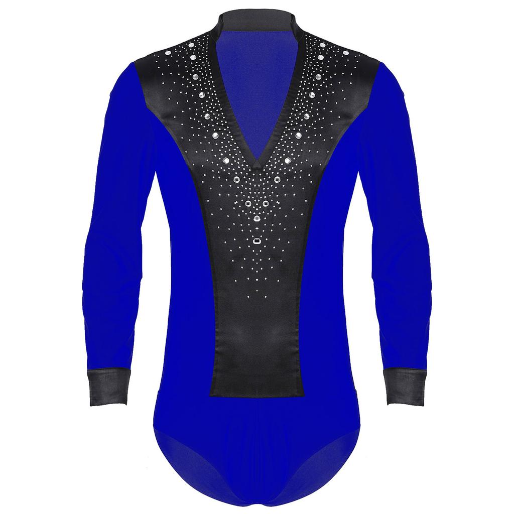 Mens Dance Leotard Glittery Rhinestones V Neck Design Long Sleeve Satin Patchwork Bodysuit