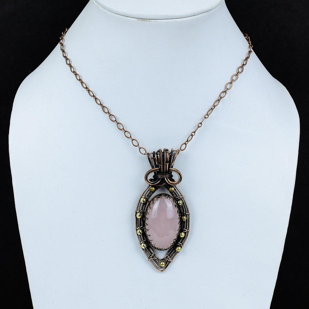 Fancy Rose Quartz Gemstone Pure Copper Wire Wrapped Handmade Jewelry Pendant