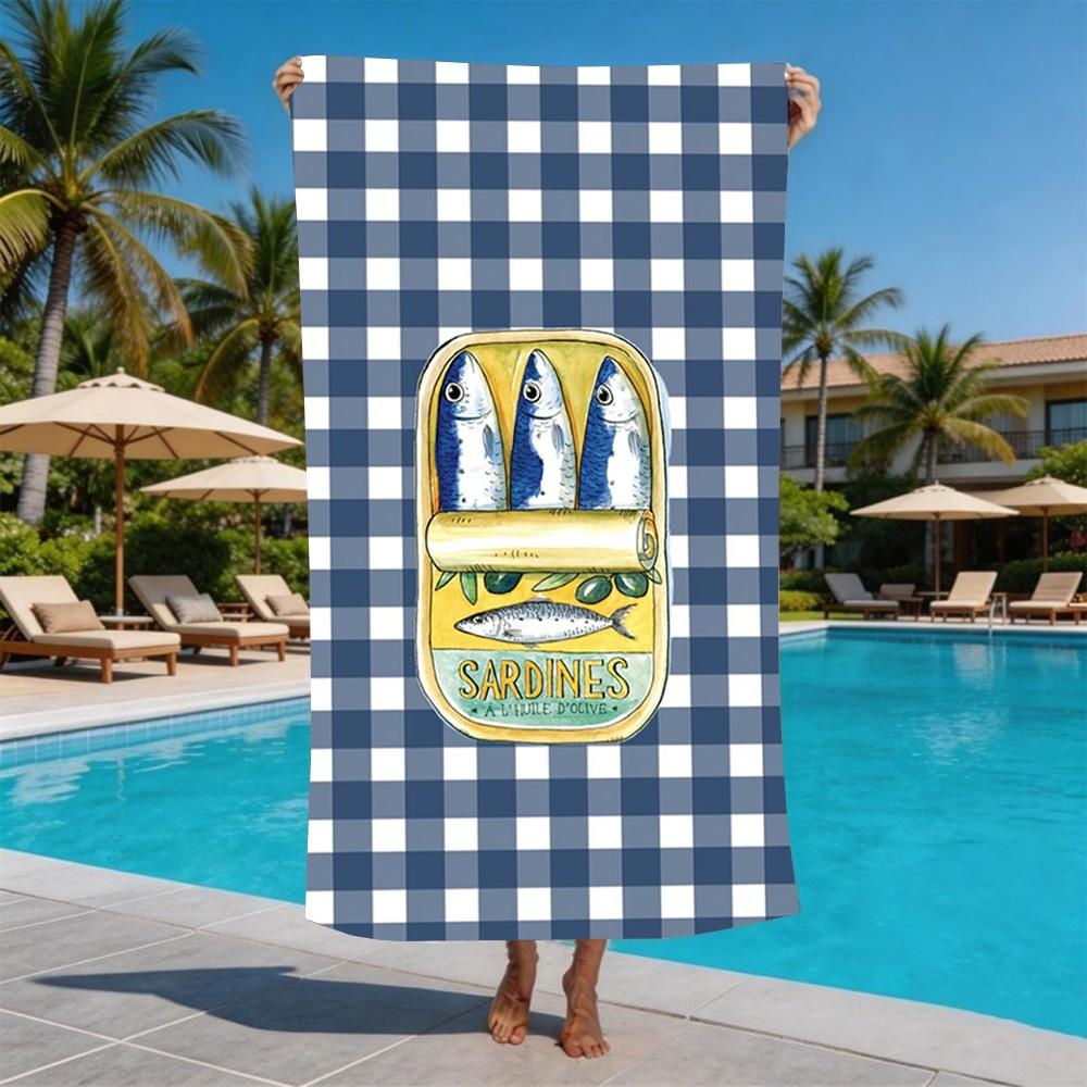 Sardines Can Beach Towel with Colorful Seafood Motif for Coastal Style for Summer Beach Trips