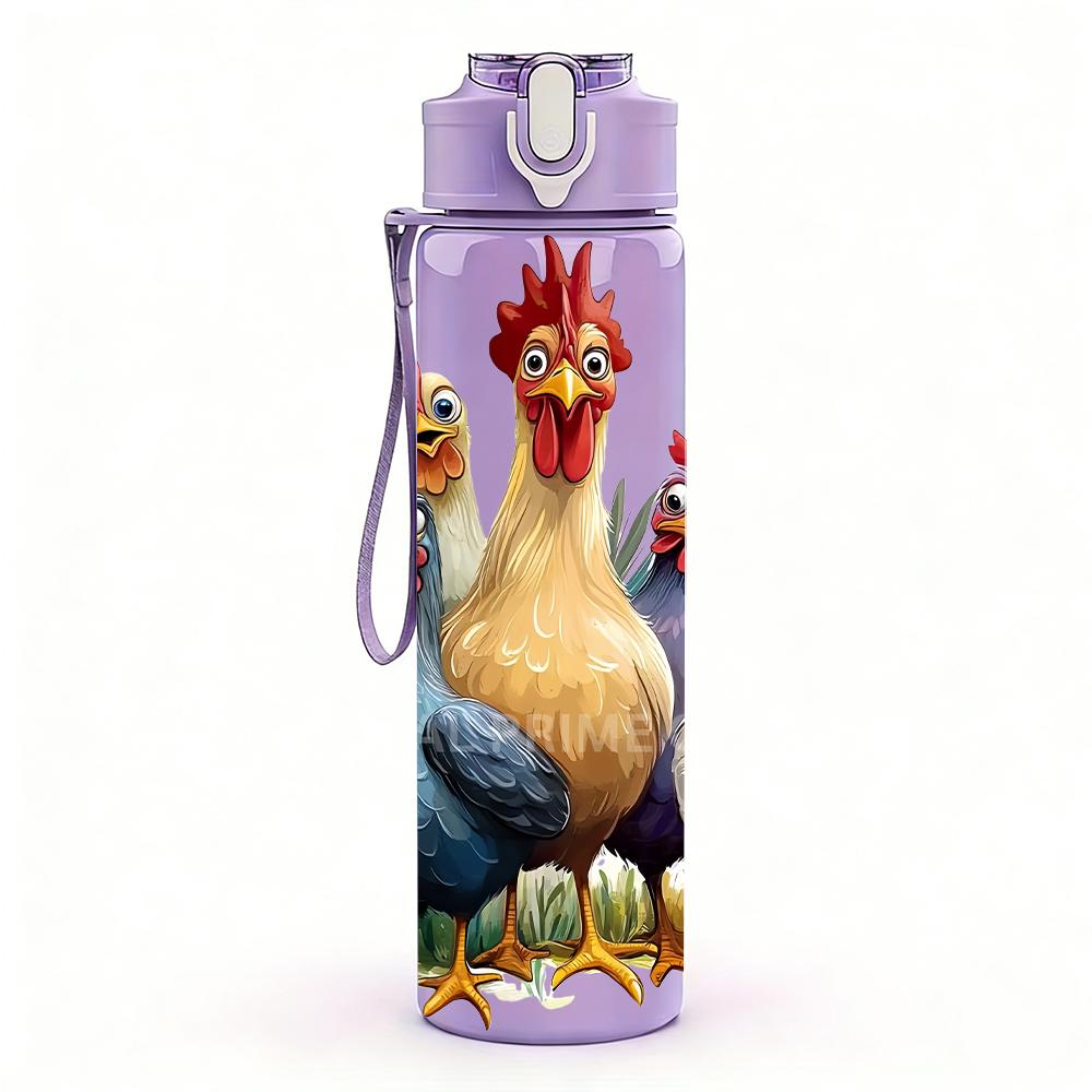 1PC Multicolored Farm Chicken Rooster Group 750ml Color Plastic Water Bottle Leakproof Flip Straw Lid For Sports Office Home Use