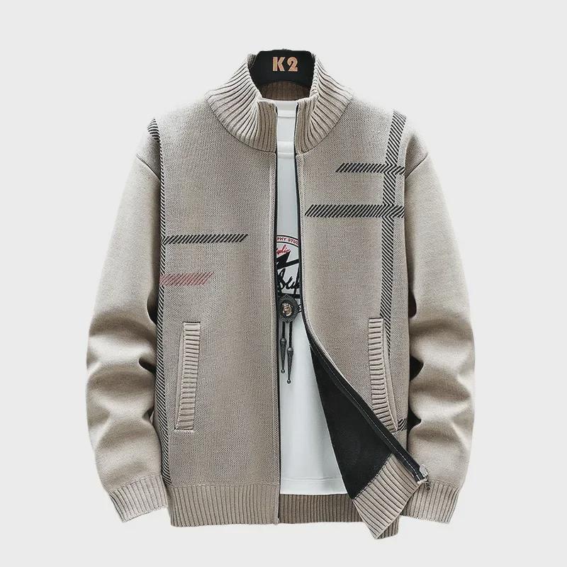 Мужской вязаный кардиган 2023 года на бархатной подкладке: Теплая куртка с принтом, длинными рукавами и воротником-стойкой для осени/зимы.