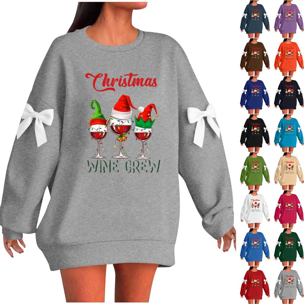 Ladies' Christmas Printed Bow Round Neck Long Sleeved Loose Pullover Sweater Sweatshirt Top
