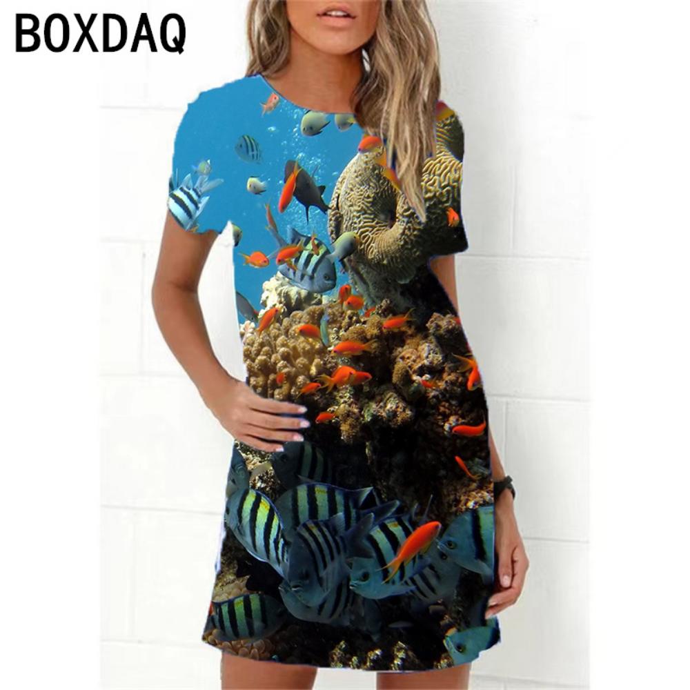 Ocean World 3D Print Dress Women New 2026 Summer Short Sleeve Cartoon Fish A-Line Dress Oversized Loose Casual Ladies Dress