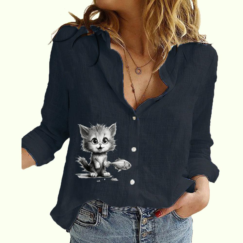 Женская модная рубашка с длинным рукавом на пуговицах, женская повседневная тонкая хлопковая льняная блузка с длинным рукавом и принтом кошки