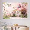 2D Enchanted Mushroom Cottage Backdrop, Pink Fairy Garden Party Background Cloth