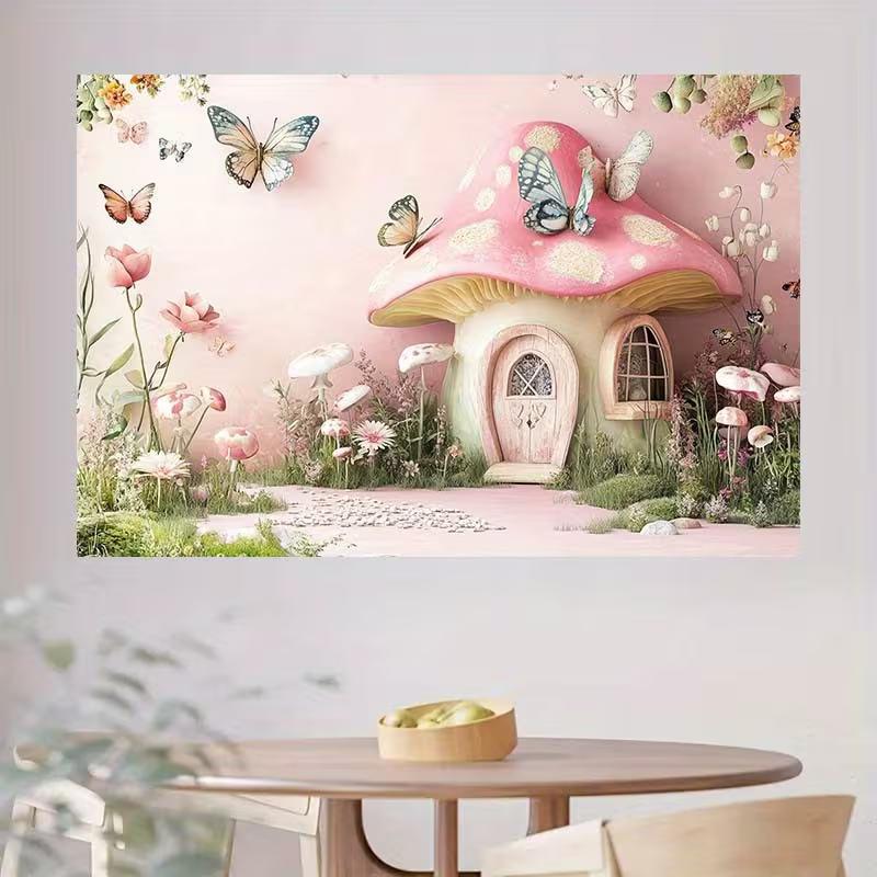 2D Enchanted Mushroom Cottage Backdrop, Pink Fairy Garden Party Background Cloth