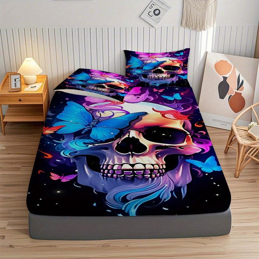 1 шт. Синяя простыня на резинке Скелет Бабочка 3D-принт 100% полиэстер Наволочка Дышащий комплект постельного белья Домашний декор без наволочек