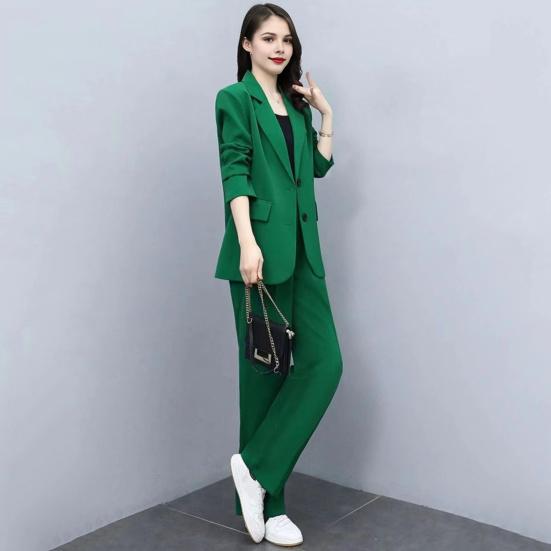 Spring Autumn Thin Section Blazer Women's Lapel Button Section Jacket + Casual Straight Trousers Two Piece Set