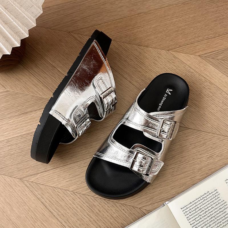 Крутые шлепанцы на толстой подошве для женской уличной обуви лето 2025 новая ретро-платформа Boken обувь на мягкой подошве нескользящие универсальные пляжные туфли