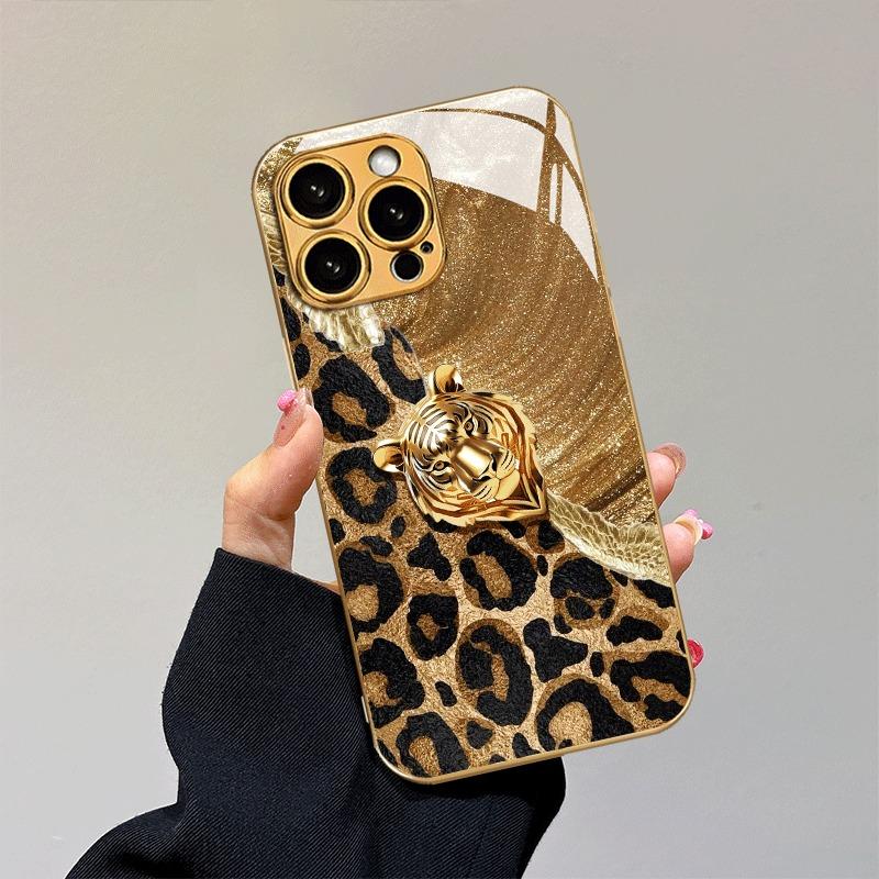 Чехол для телефона из стекла с принтом леопарда и льва, золотая металлическая краска, для iPhone 17 Pro Max 16 15 14 13 12 11 Pro 15 14 Plus 17 Air 16E
