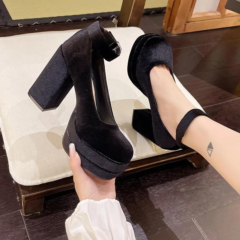 Fashion Hot Selling Mary Janes Shoes Women Suede Luxury High Heel Lace Up Trend Lolita Shoes Elegant Chunky Party Pumps Zapatos De Mujer