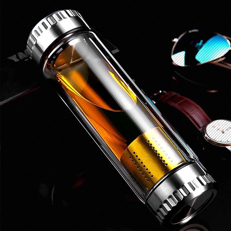 Бутылка для заварки чая BORREY для воды, стеклянная бутылка с двойными стенками, бутылка для воды, отдельная бутылка для воды и напитков, 2 крышки, 1 фильтр