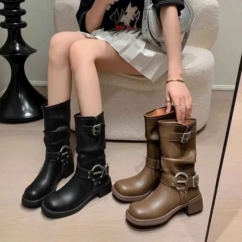 Women's Cowboy Boots Autumn Winter Fashion Casual Platform Shoes Woman Mid Heel Round Toe Punk Leather Boots Ladies Footwear
