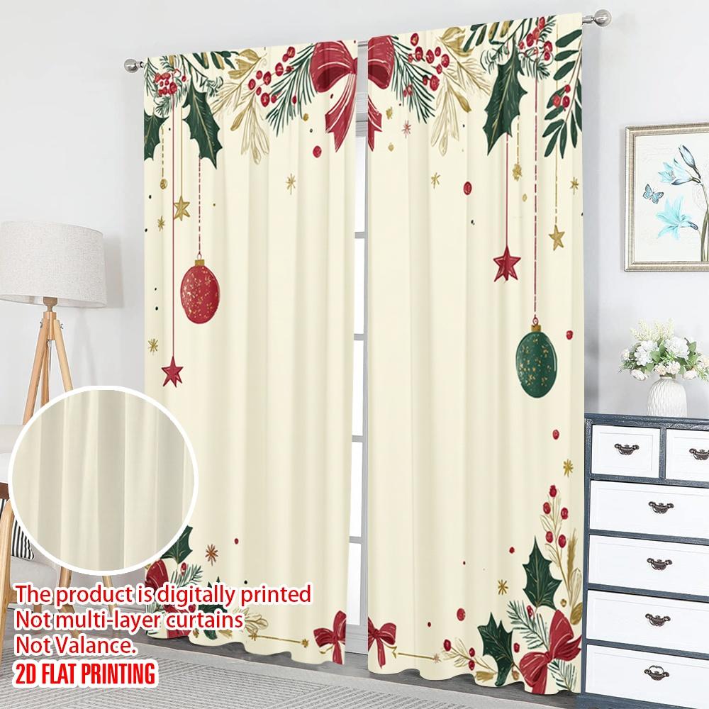 2pcs 2D flat printing Merry Christmas Curtains Christmas Holly Garland Bows Ornaments Digital Printed Polyester Drapes Festive