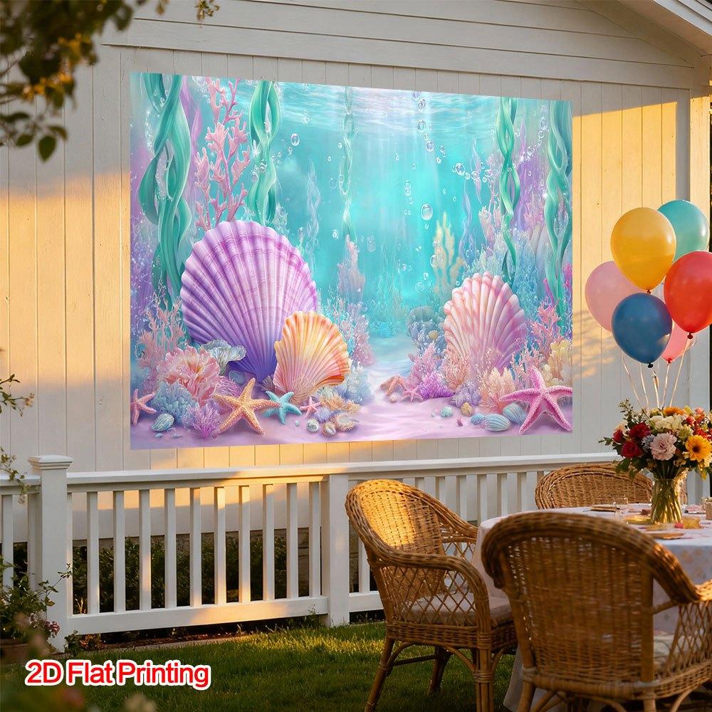 One 2D flat-printed underwater marine shell art photography background made of polyester fabric.