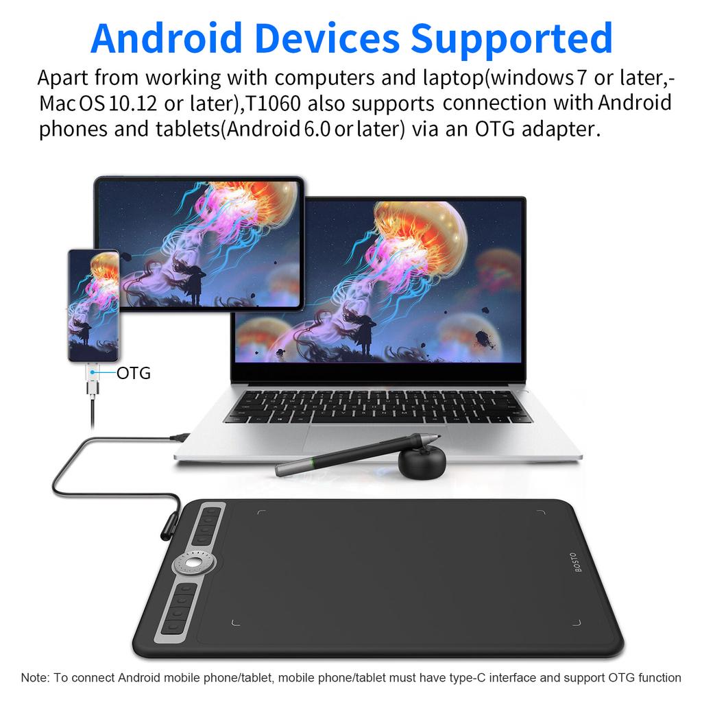 BOSTO T1060 10 x 6 дюймов Цифровой графический планшет для рисования с беспроводным стилусом 10 наконечников для пера 8192 уровня давления 8