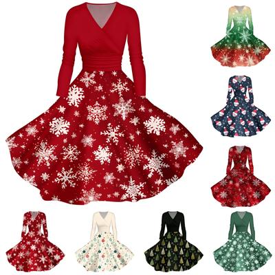 Женское повседневное модное платье с V-образным вырезом и длинными рукавами в стиле ретро с рождественским принтом