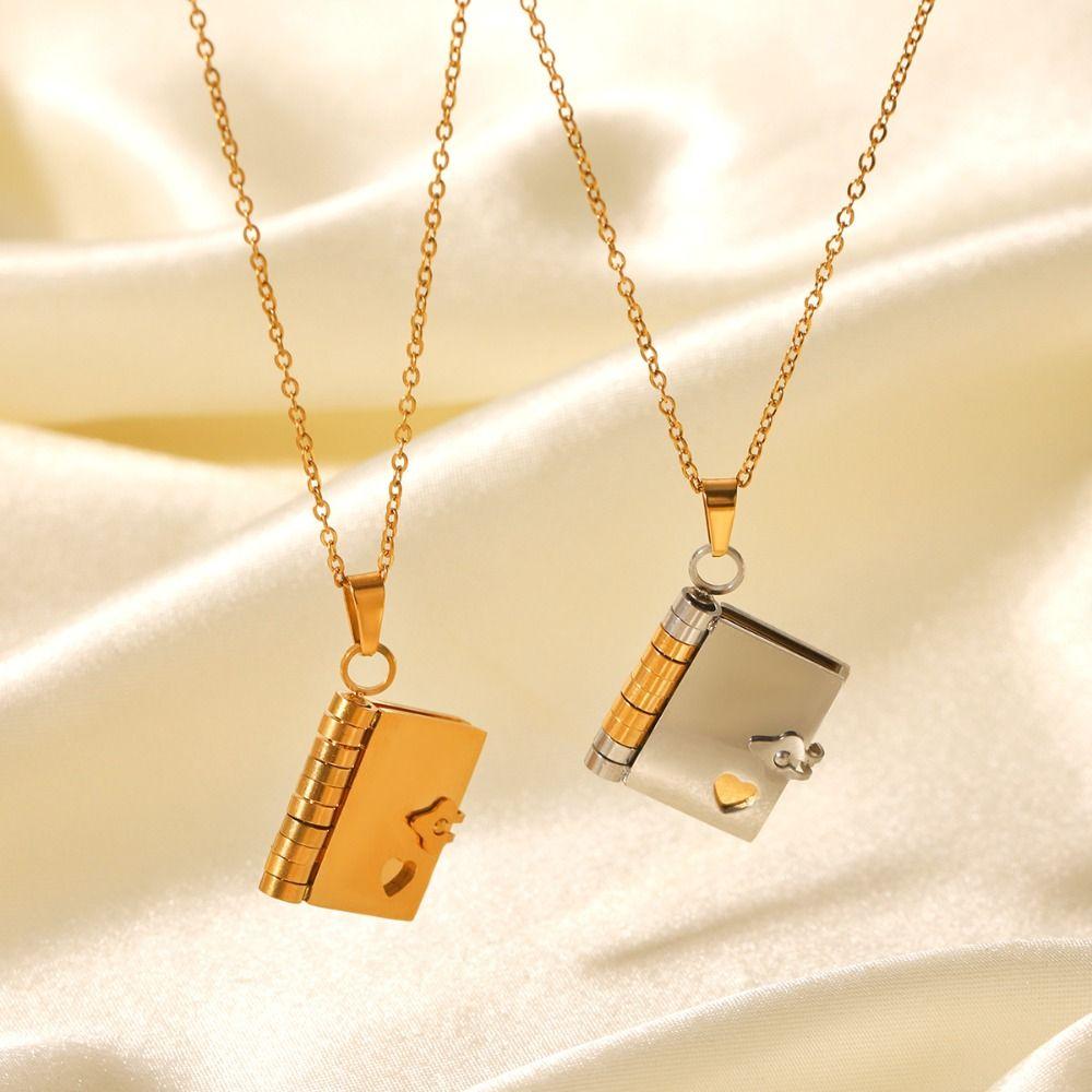 Titanium Steel Couple Book Necklace Handmade Couple Text Locket Jewelry Accessories
