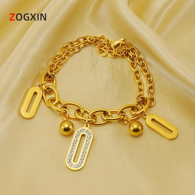 18K Gold-Plated Stainless Steel Double-Layer Oval Diamond Bracelet for Women - Niche Fashion Stackable Jewelry.