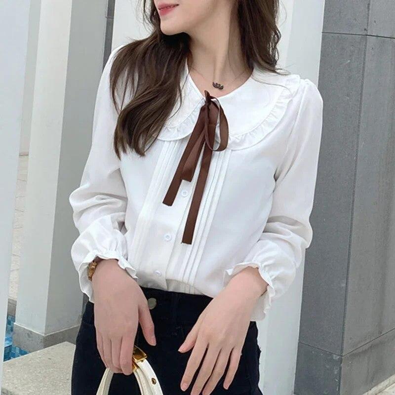 2024 модная женская белая рубашка с длинным рукавом, элегантная шифоновая блузка, женские корейские милые женские топы с бантом на воротнике, одежда Blusas 24163