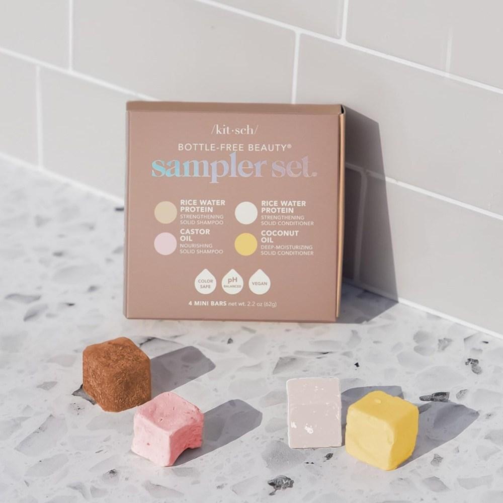 Kitsch 4-piece Sampler Set Rice Growth Castor Oil Coconut Oil Conditioner Shampoo Soap Zero Waste, 1 Box