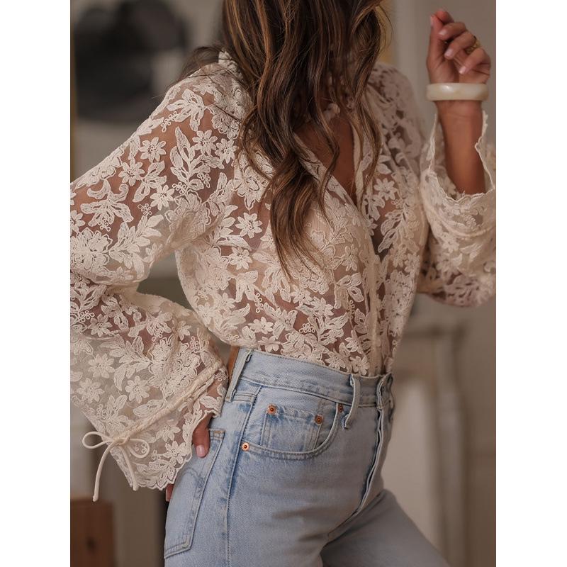 Женская повседневная корейская кружевная рубашка 2025 года - Новый ажурный дизайн