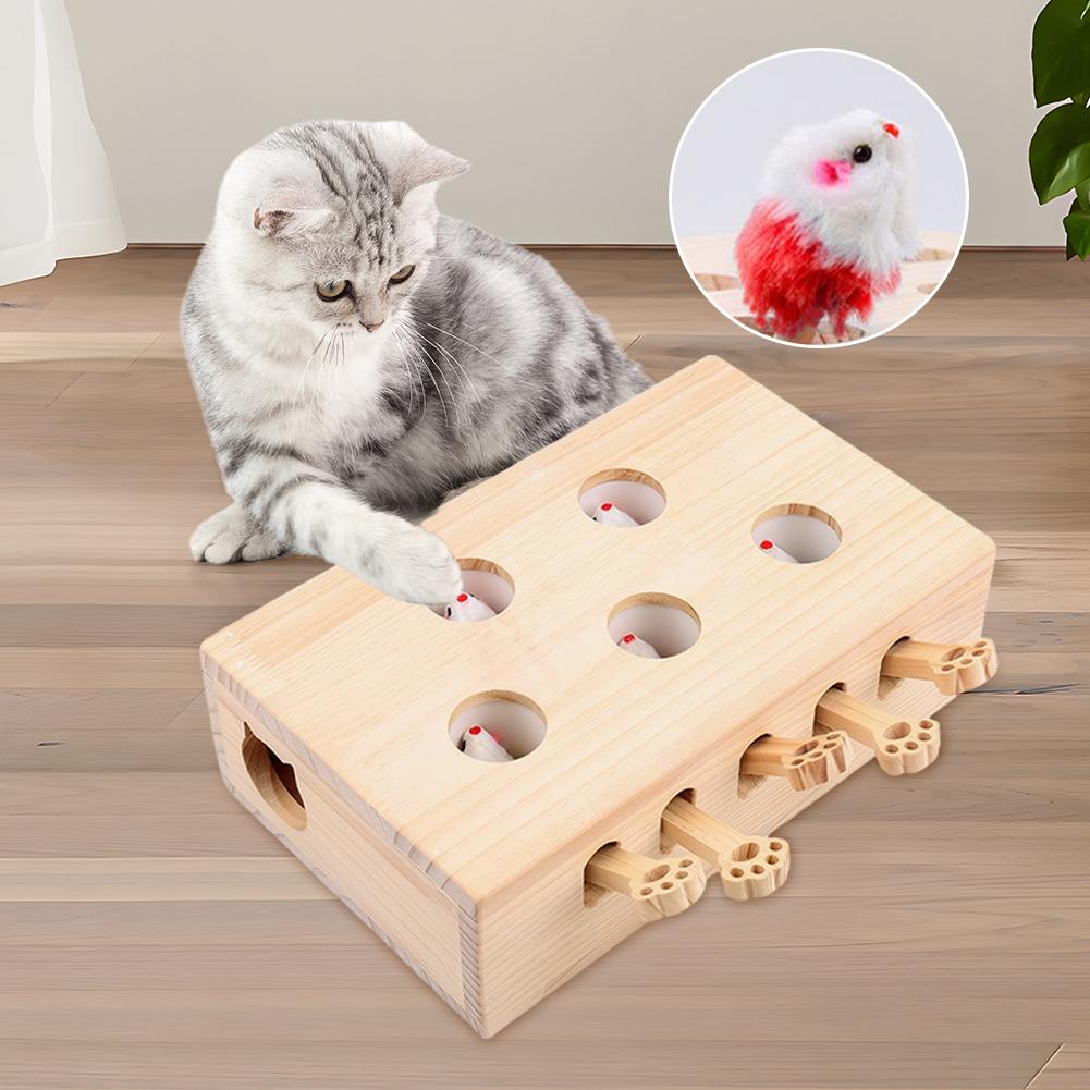 Wooden Whack-A-Mole Cat Toy Catch Mice Game Cat Puzzle Toy for Indoor Cats Kitten