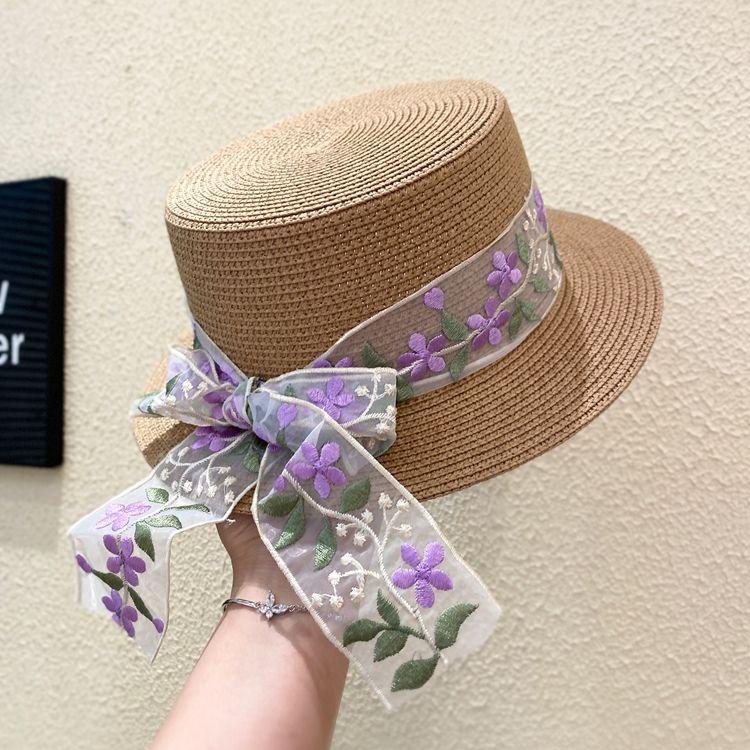 Женская соломенная плетеная шляпа-цилиндр с короткими полями, летняя, кружевная, вышитая, фиолетовая, с плоским верхом, солнцезащитная и защищающая от солнца, соломенная шляпа
