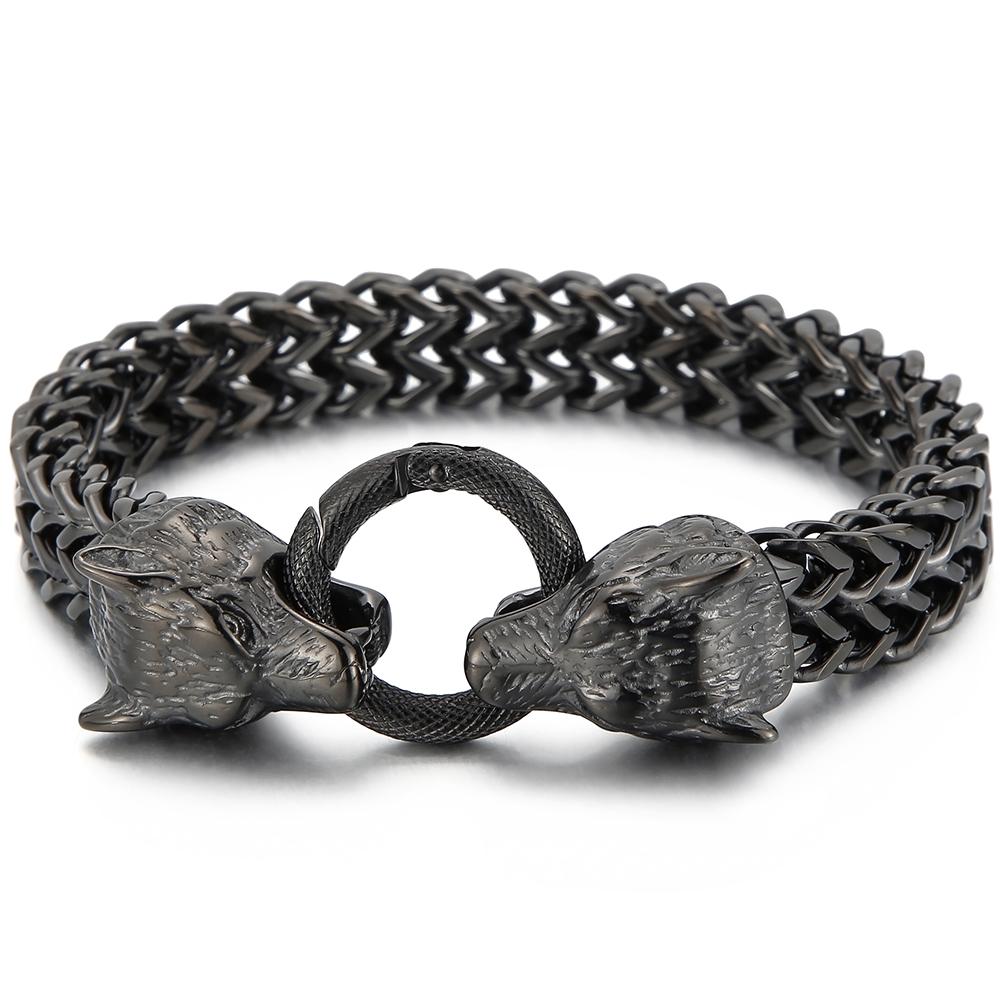 Norse Viking Wolf Head With Square Franco Link Chain Bracelet for Men Stainless Steel Men's Bracelets Masculine Jewelry Gifts