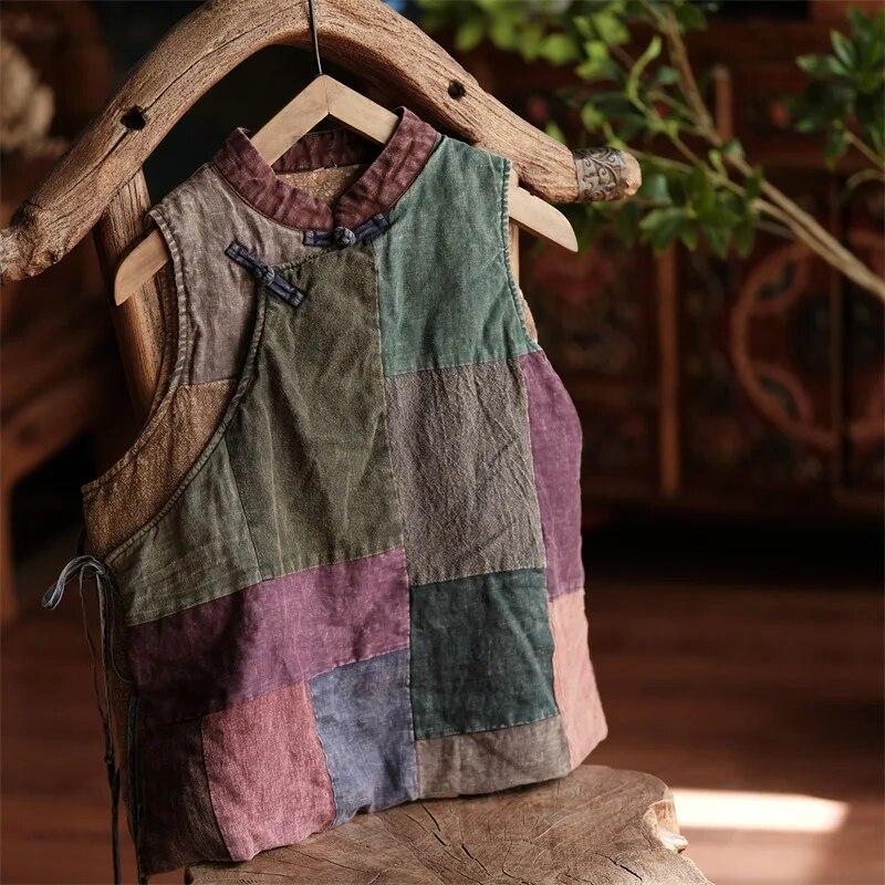Johnature Женские винтажные лоскутные цветные жилеты, пальто со стойкой, хлопковая льняная одежда, пояс в китайском стиле, плюс хлопковые жилеты