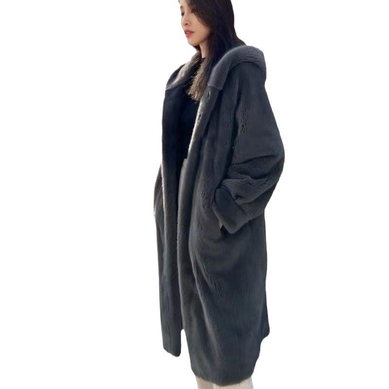 European and American hooded plus long over-the-knee winter new imitation fur mink jacket with cotton thickened fur coat