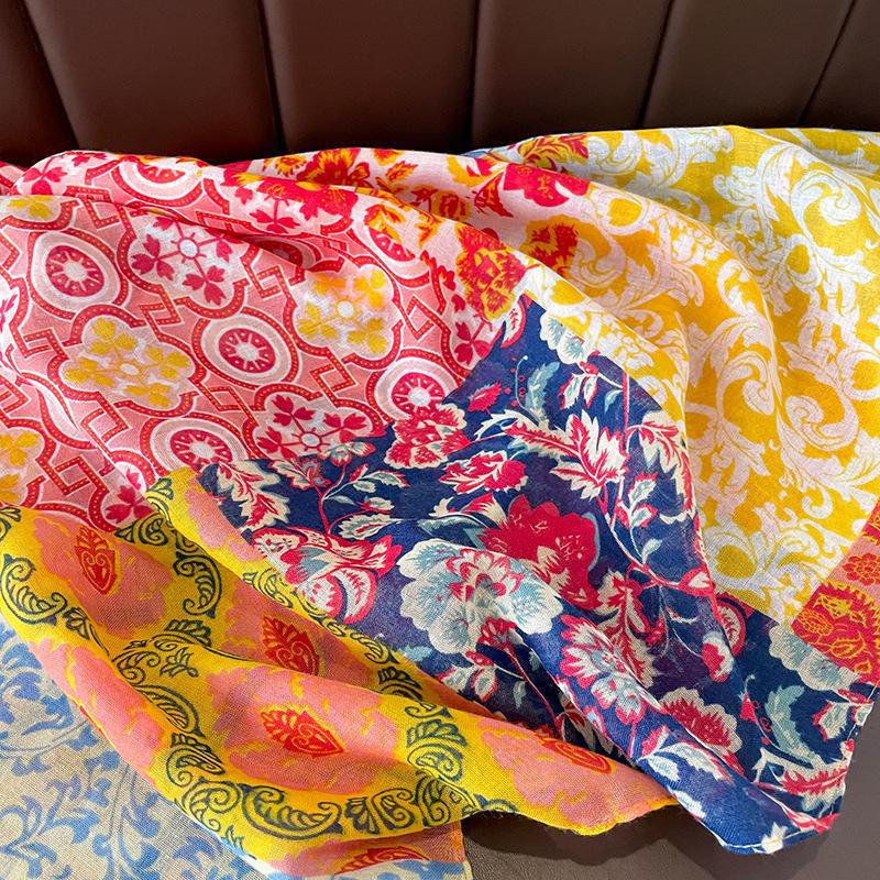 Женский шарф-шаль из хлопка и льна в этническом стиле: Весна/Осень, двойное назначение, теплый аксессуар с кисточками.