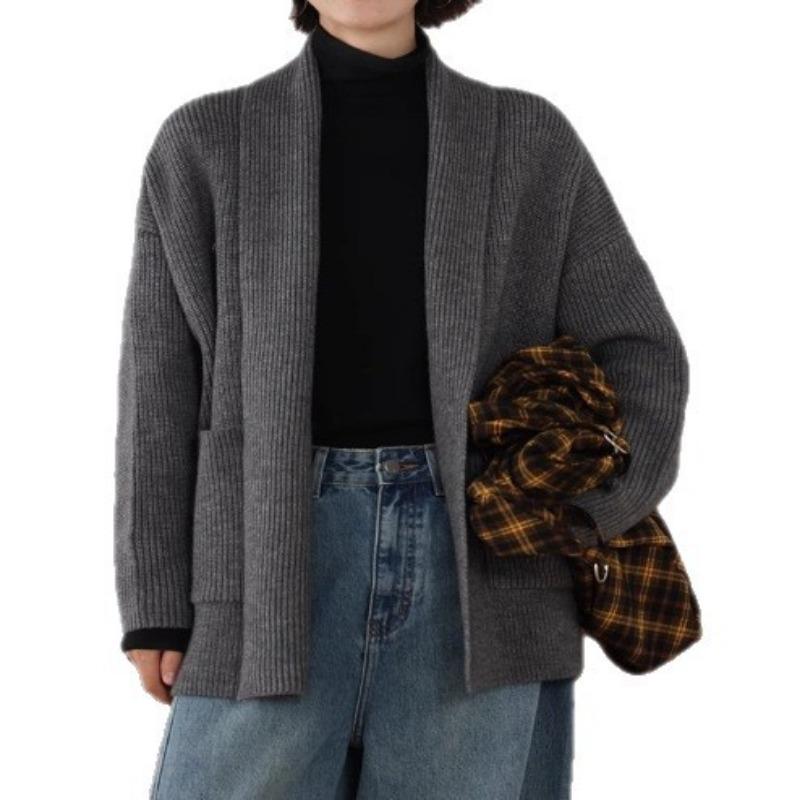 Retro Simple Casual V-neck Knitted Cardigan Women's Autumn and Winter New Versatile Loose Lazy Sweater Jacket