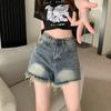 Retro Fringed Denim Shorts For Women, High Waist Slimming Straight Leg Wide Leg Shorts