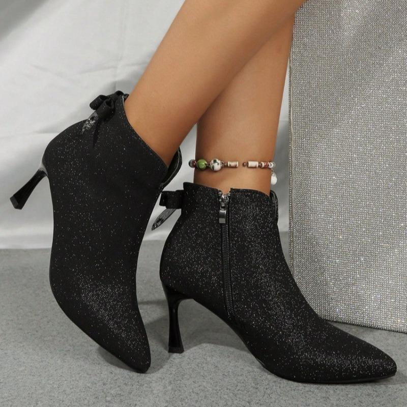 Модные туфли-лодочки на высоком каблуке с бантом Женские блестящие короткие ботинки Модные туфли с острым носком Удобная обувь 2025 Зима Новые Элегантные ботильоны челси Туфли