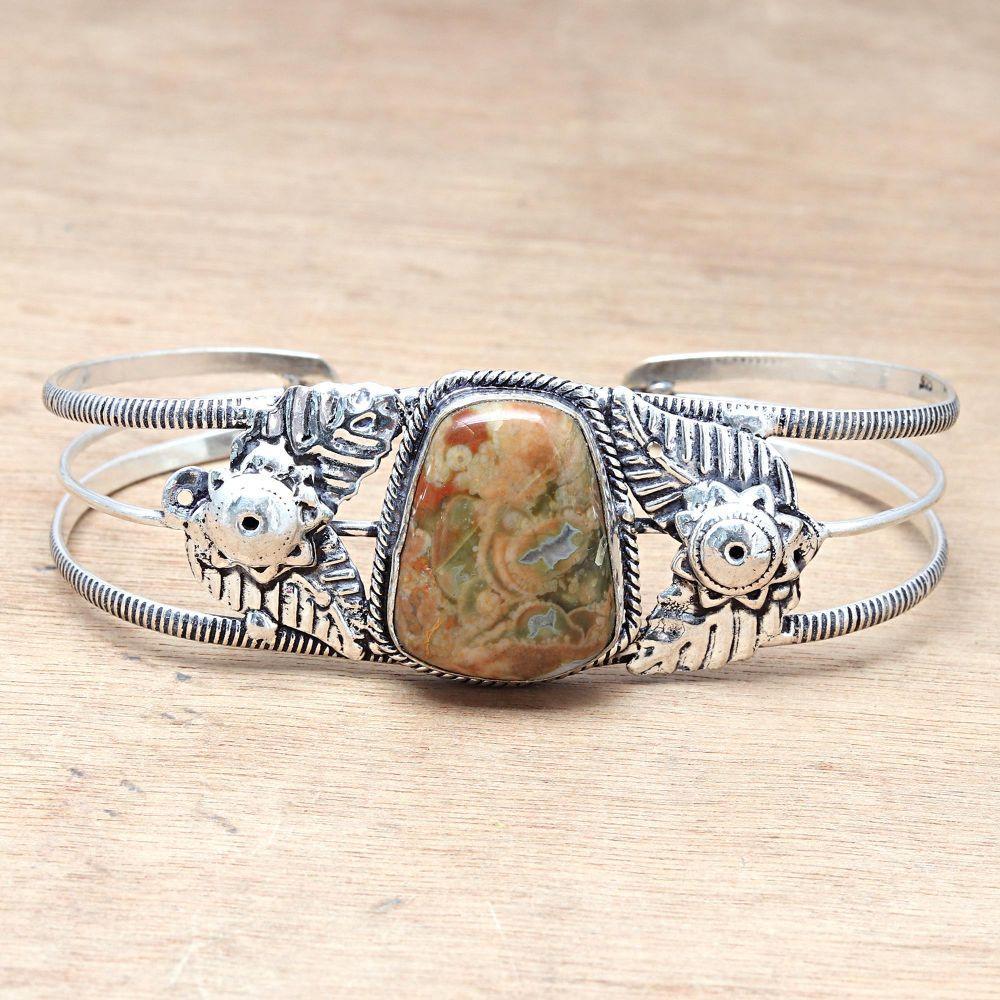 Crazy Lace Agate Gemstone Handmade Silver Jewelry Cuff Bracelets 7''Adjustable