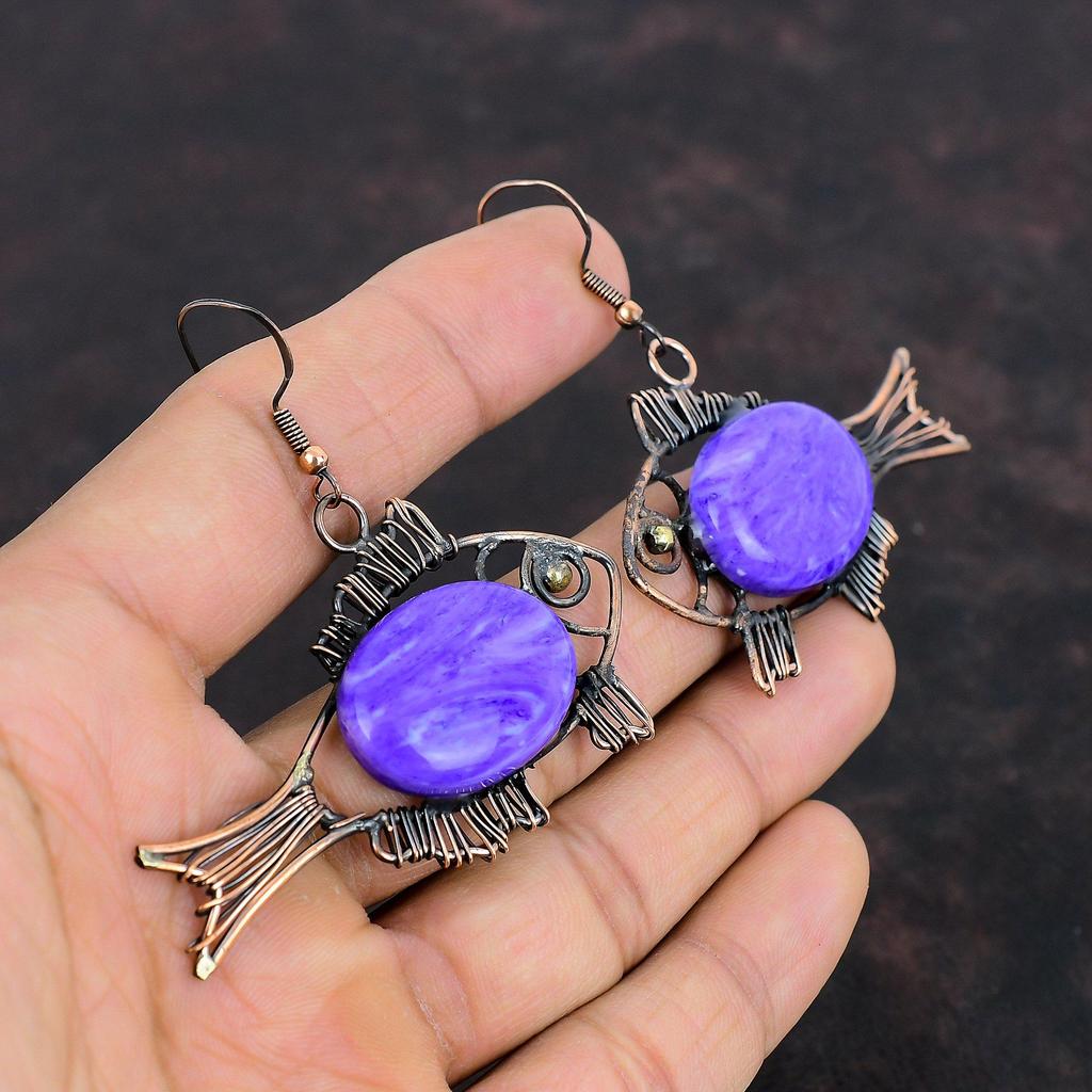 Серьги из чароита, медная проволочная обертка, драгоценные камни, медные украшения, серьги-рыбы ручной работы, висячие серьги, проволочная обертка, ювелирные изделия, подарок на годовщину