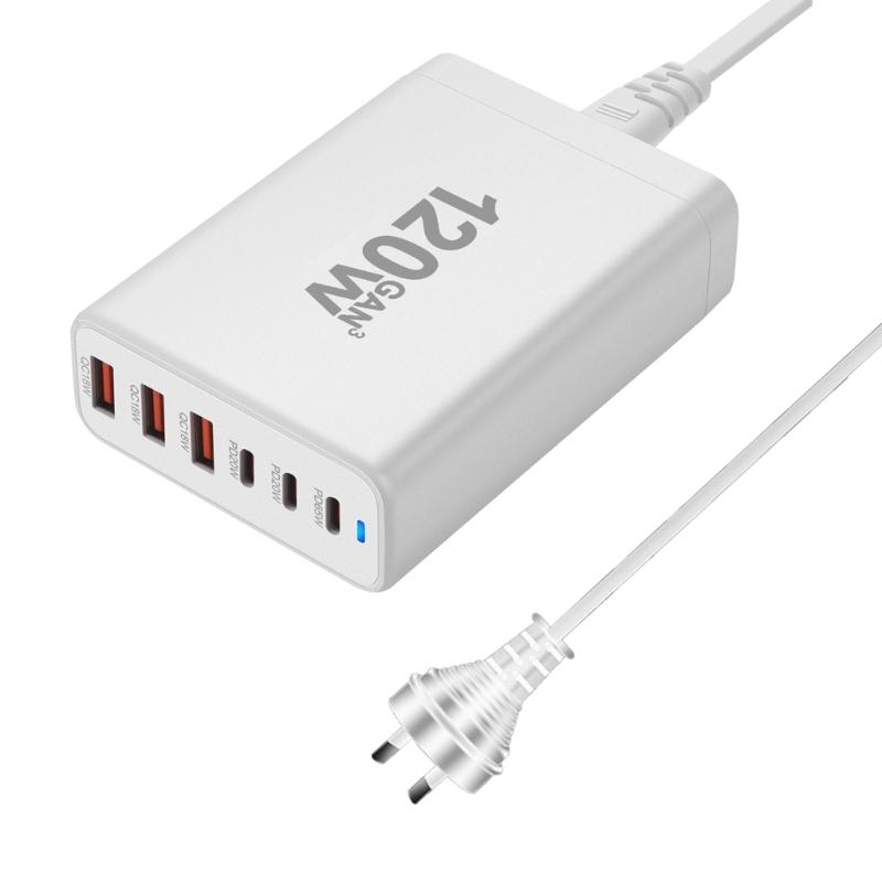 Портативная зарядная станция USB мощностью 120 Вт с 6 портами, 3 Type C PD и 3 USB A для одновременной зарядки телефонов, планшетов и других устройств