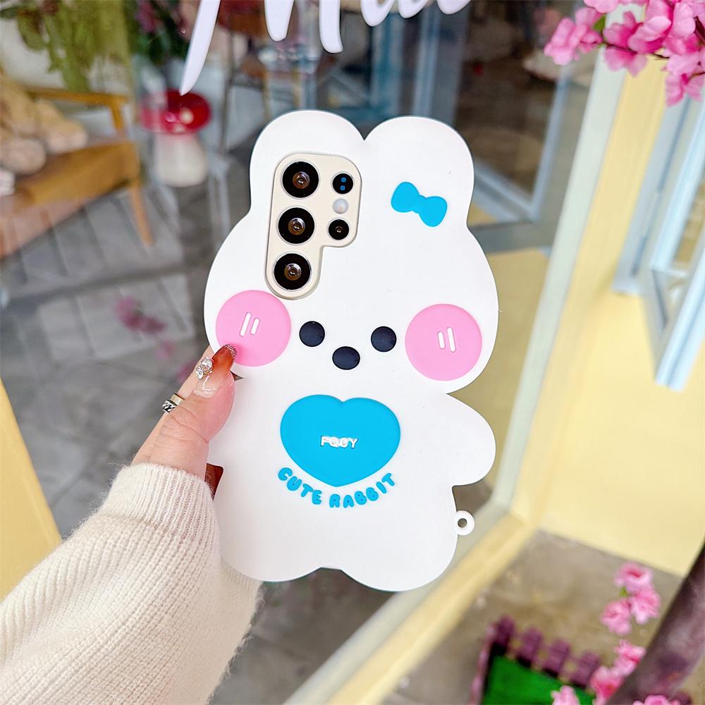 Милый Kawaii 3D Розово-белый Бантик Кролик Чехол для Телефона для SamSung Galaxy S26 Ultra S25 S23 A57 A56 Силиконовый Милый Кролик Защитная Крышка