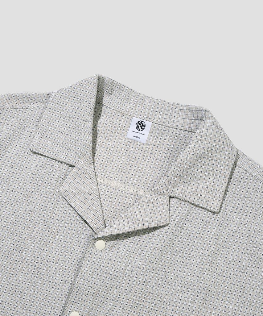 AGOD Open Collar Check Half Shirt [Beige]