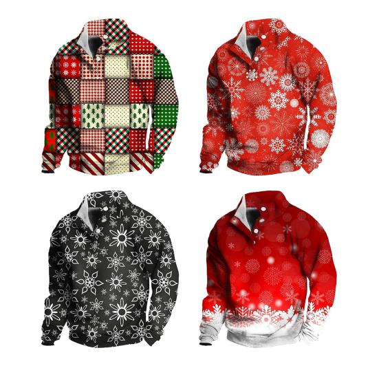 Men Christmas Top 3D Snowflake Printing Buttoned Stand Collar Plus Size Long Sleeves Mid Length Pullover Festive Holiday Sweatshirt